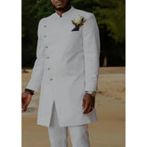 Tunic White Formal Men Suits with Stand Collar 2 Piece Long Jacket Pants Wedding Tuxedo for Grooms Male Fashion Costumes 2022 Navy Blue